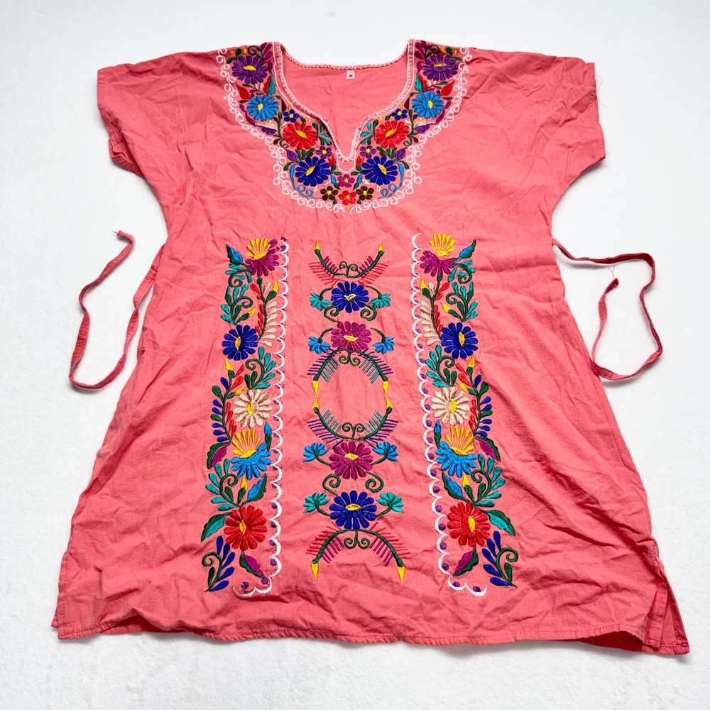 Unbranded Mexican Embroidered Tunic Top Women Sz M Coral Pink Floral Boho Cotton